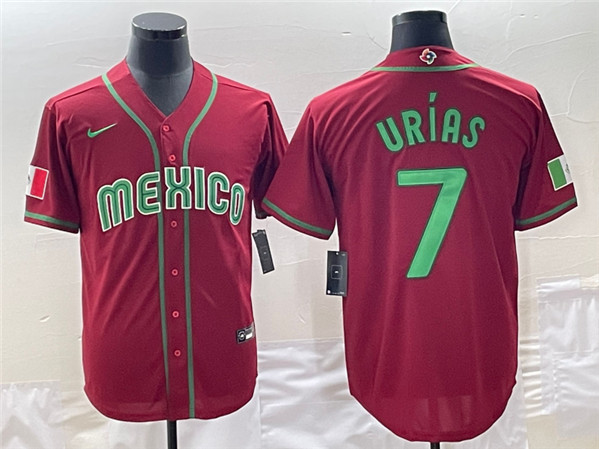 Men's Mexico Baseball #7 Julio Urías 2023 Red World Baseball Classic Stitched Jersey